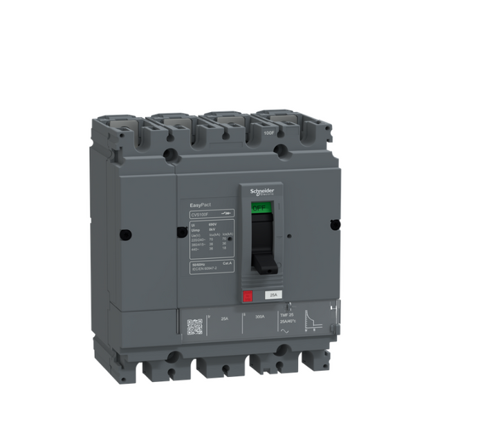 circuit breaker, EasyPact CVS100F, 36kA at 415VAC, 25A, TMF trip unit, 4P3d, FTFM