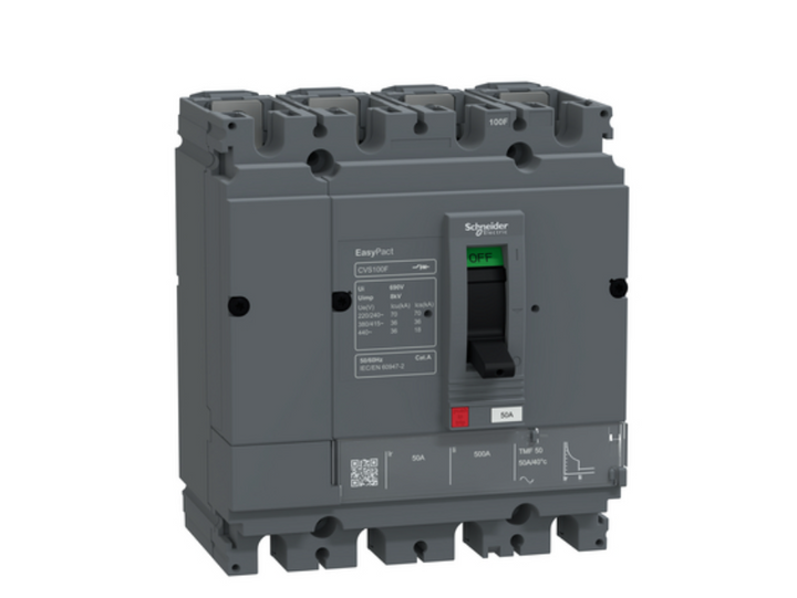 circuit breaker, EasyPact CVS100F, 36kA at 415VAC, 50A, TMF trip unit, 4P3d, FTFM
