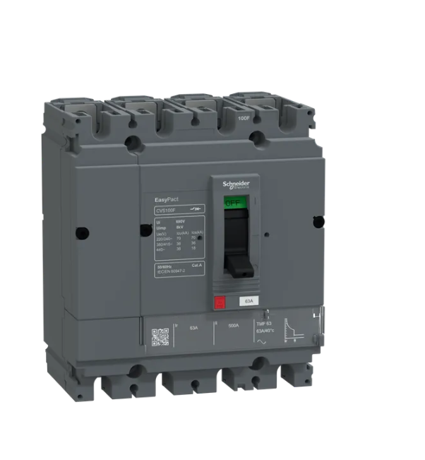 circuit breaker, EasyPact CVS100F, 36kA at 415VAC, 63A, TMF trip unit, 4P3d, FTFM