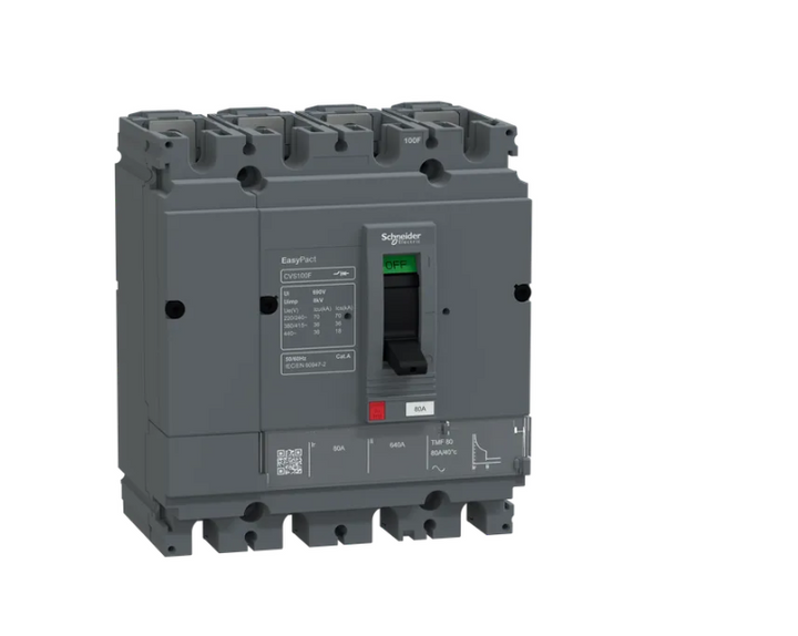 circuit breaker, EasyPact CVS100F, 36kA at 415VAC, 80A, TMF trip unit, 4P3d, FTFM
