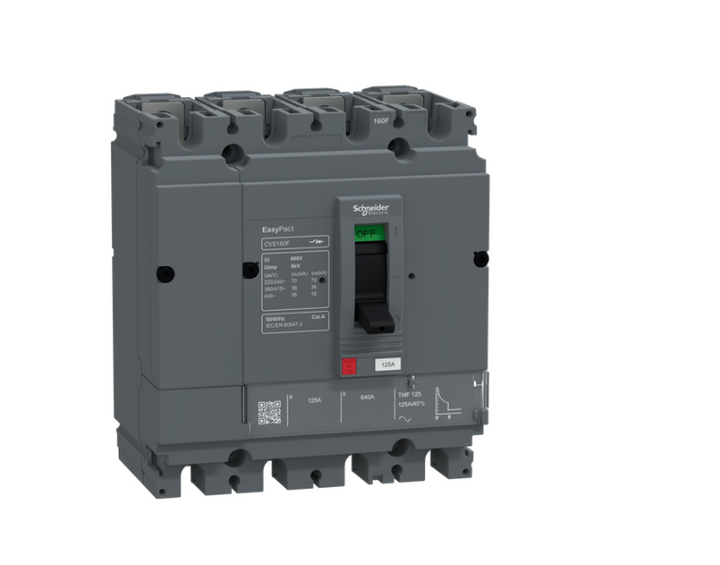 circuit breaker, EasyPact CVS160F, 36kA at 415VAC, 125A, TMF trip unit, 4P3d, FTFM