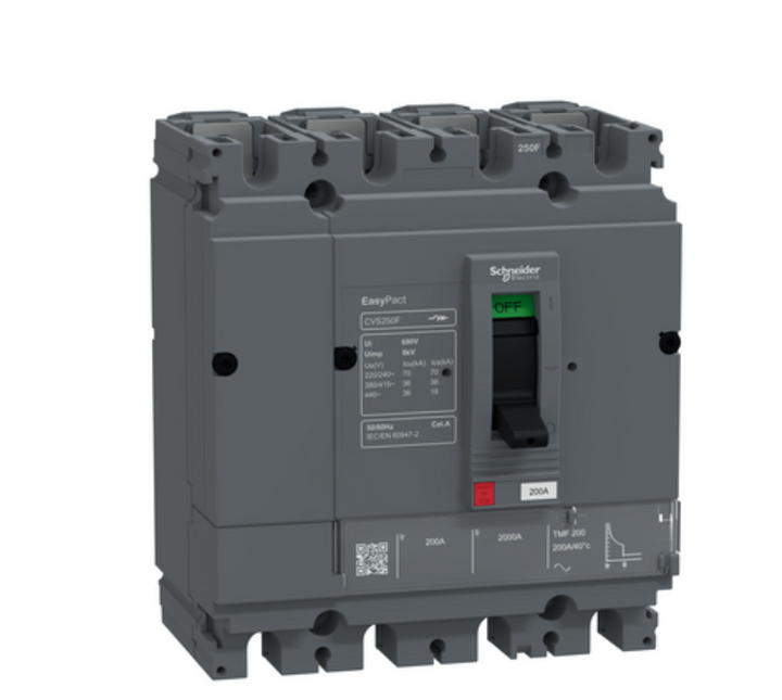 circuit breaker, EasyPact CVS250F, 36kA at 415VAC, 200A, TMF trip unit, 4P3d, FTFM