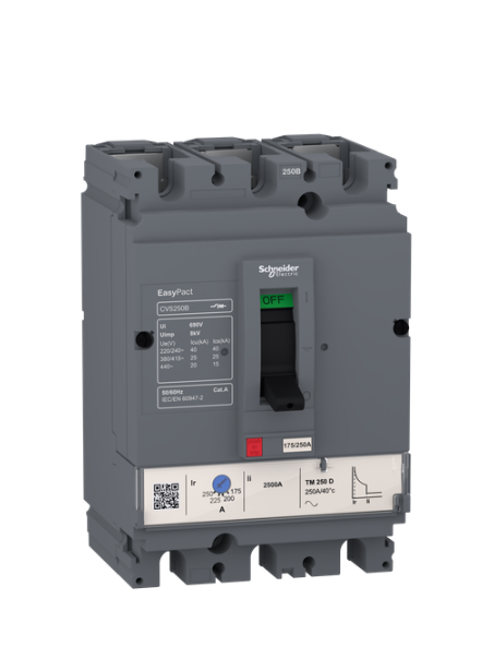 circuit breaker EasyPact CVS100B, 25 kA at 415 VAC, 25 A rating thermal magnetic TM-D trip unit, 3P 3d