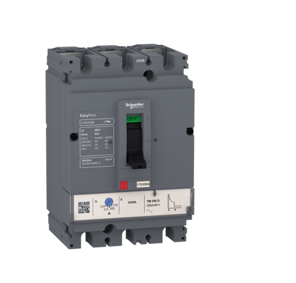 circuit breaker EasyPact CVS100B, 25 kA at 415 VAC, 32 A rating thermal magnetic TM-D trip unit, 3P 3d