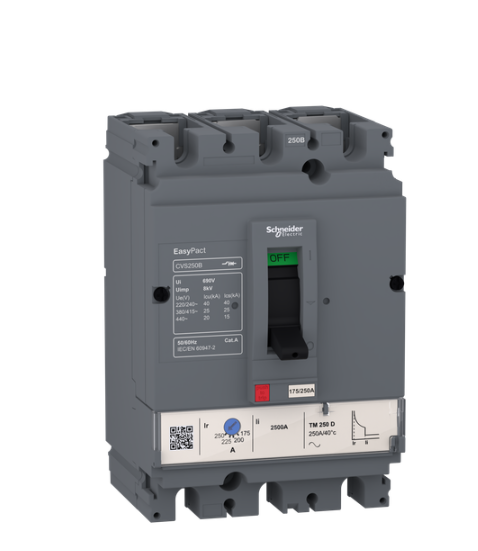 circuit breaker EasyPact CVS100B, 25 kA at 415 VAC, 63 A rating thermal magnetic TM-D trip unit, 3P 3d