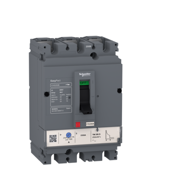 circuit breaker EasyPact CVS100B, 25 kA at 415 VAC, 80 A rating thermal magnetic TM-D trip unit, 3P 3d