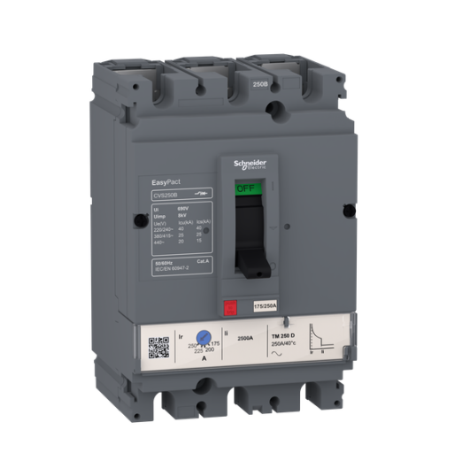 circuit breaker EasyPact CVS100B, 25 kA at 415 VAC, 100 A rating thermal magnetic TM-D trip unit, 3P 3d