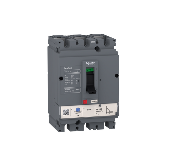 circuit breaker EasyPact CVS160B, 25 kA at 415 VAC, 125 A rating thermal magnetic TM-D trip unit, 3P 3d