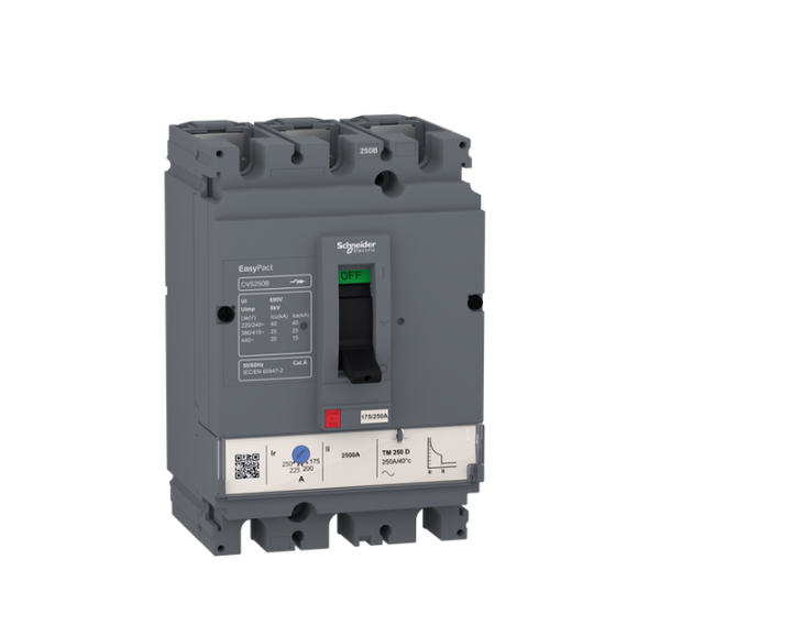 circuit breaker EasyPact CVS160B, 25 kA at 415 VAC, 160 A rating thermal magnetic TM-D trip unit, 3P 3d
