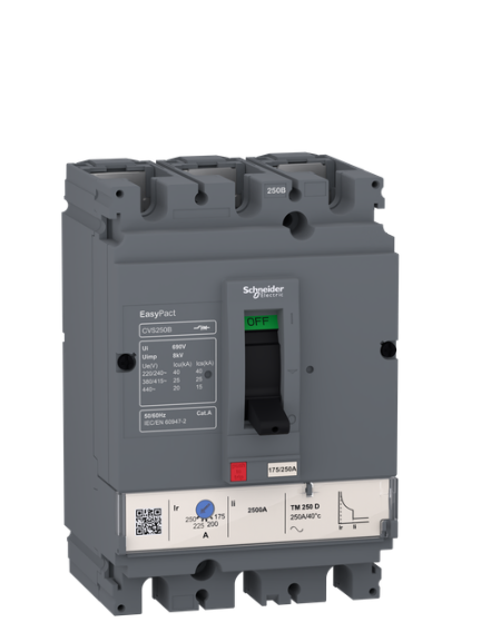 circuit breaker EasyPact CVS250B, 25 kA at 415 VAC, 200 A rating thermal magnetic TM-D trip unit, 3P 3d