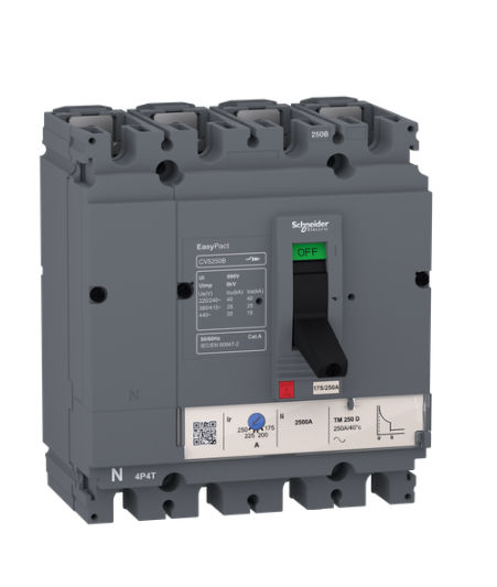 circuit breaker EasyPact CVS100B, 25 kA at 415 VAC, 25 A rating thermal magnetic TM-D trip unit, 4P 3d