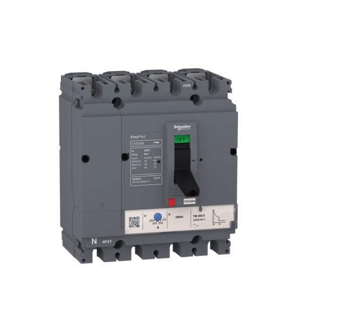 circuit breaker EasyPact CVS100B, 25 kA at 415 VAC, 32 A rating thermal magnetic TM-D trip unit, 4P 3d
