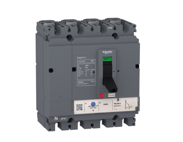 circuit breaker EasyPact CVS100B, 25 kA at 415 VAC, 40 A rating thermal magnetic TM-D trip unit, 4P 3d