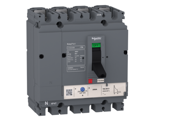 circuit breaker EasyPact CVS100B, 25 kA at 415 VAC, 50 A rating thermal magnetic TM-D trip unit, 4P 3d