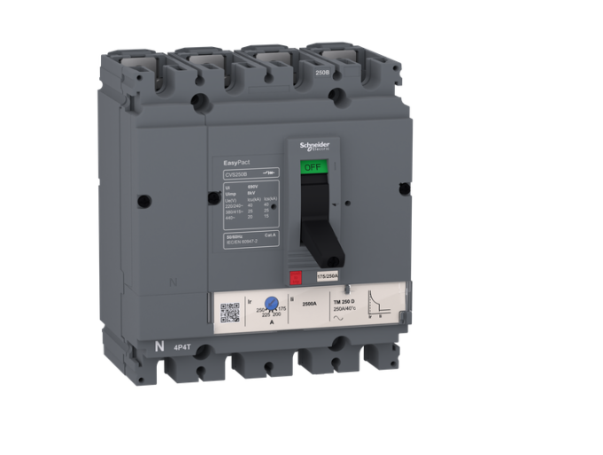 circuit breaker EasyPact CVS100B, 25 kA at 415 VAC, 63 A rating thermal magnetic TM-D trip unit, 4P 3d