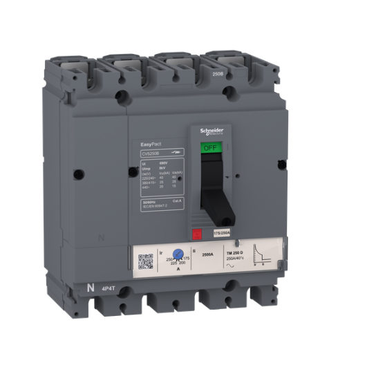 circuit breaker EasyPact CVS100B, 25 kA at 415 VAC, 80 A rating thermal magnetic TM-D trip unit, 4P 3d