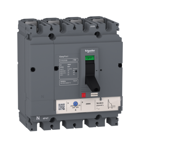 circuit breaker EasyPact CVS100B, 25 kA at 415 VAC, 100 A rating thermal magnetic TM-D trip unit, 4P 3d