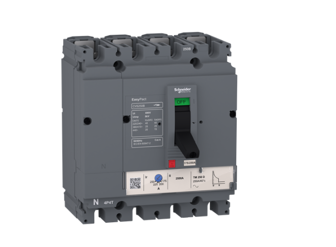 circuit breaker EasyPact CVS160B, 25 kA at 415 VAC, 125 A rating thermal magnetic TM-D trip unit, 4P 3d