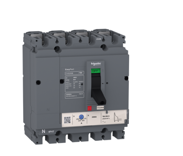 circuit breaker EasyPact CVS160B, 25 kA at 415 VAC, 160 A rating thermal magnetic TM-D trip unit, 4P 3d