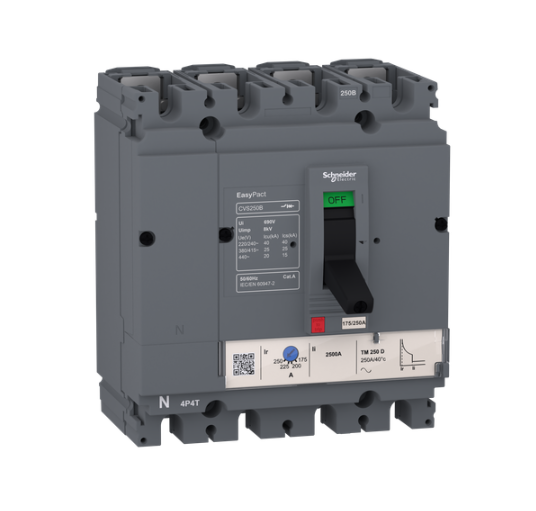 circuit breaker EasyPact CVS250B, 25 kA at 415 VAC, 200 A rating thermal magnetic TM-D trip unit, 4P 3d