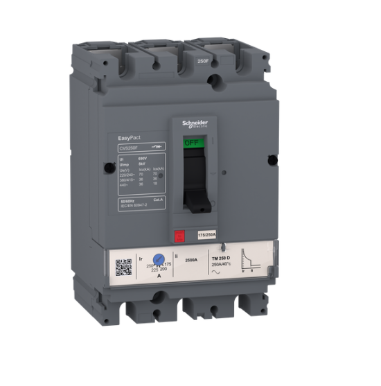 circuit breaker EasyPact CVS100F, 36 kA at 415 VAC, 25 A rating thermal magnetic TM-D trip unit, 3P 3d