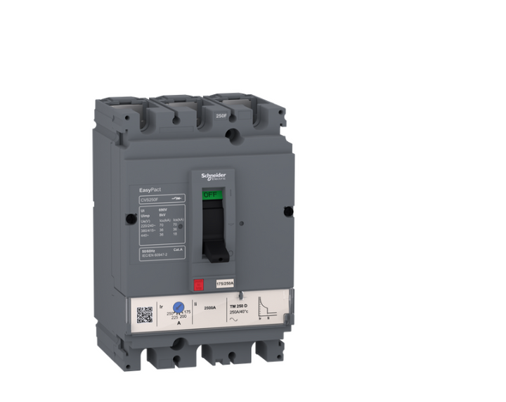 circuit breaker EasyPact CVS100F, 36 kA at 415 VAC, 32 A rating thermal magnetic TM-D trip unit, 3P 3d