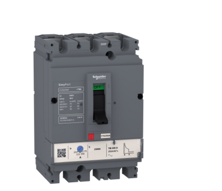 circuit breaker EasyPact CVS100F, 36 kA at 415 VAC, 50 A rating thermal magnetic TM-D trip unit, 3P 3d