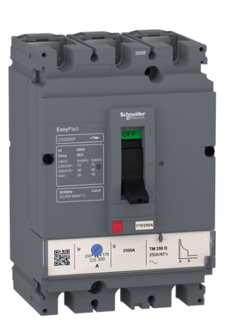 circuit breaker EasyPact CVS100F, 36 kA at 415 VAC, 63 A rating thermal magnetic TM-D trip unit, 3P 3d