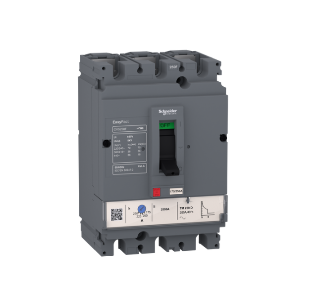 circuit breaker EasyPact CVS100F, 36 kA at 415 VAC, 80 A rating thermal magnetic TM-D trip unit, 3P 3d