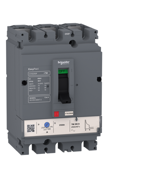 circuit breaker EasyPact CVS100F, 36 kA at 415 VAC, 100 A rating thermal magnetic TM-D trip unit, 3P 3d
