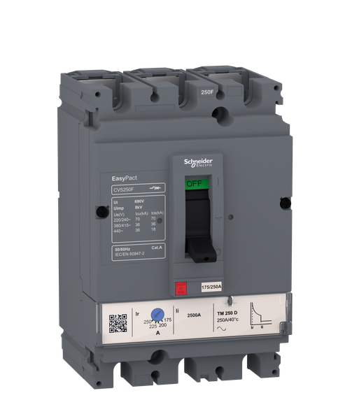 circuit breaker EasyPact CVS160F, 36 kA at 415 VAC, 125 A rating thermal magnetic TM-D trip unit, 3P 3d
