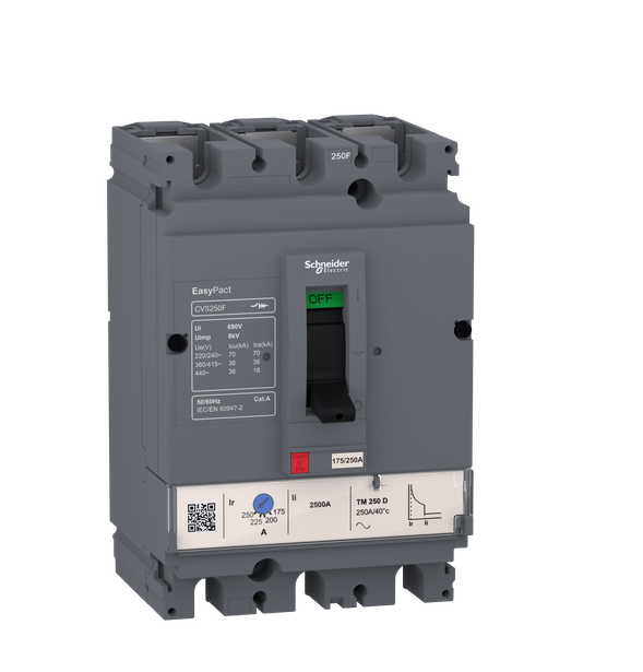 circuit breaker EasyPact CVS160F, 36 kA at 415 VAC, 160 A rating thermal magnetic TM-D trip unit, 3P 3d