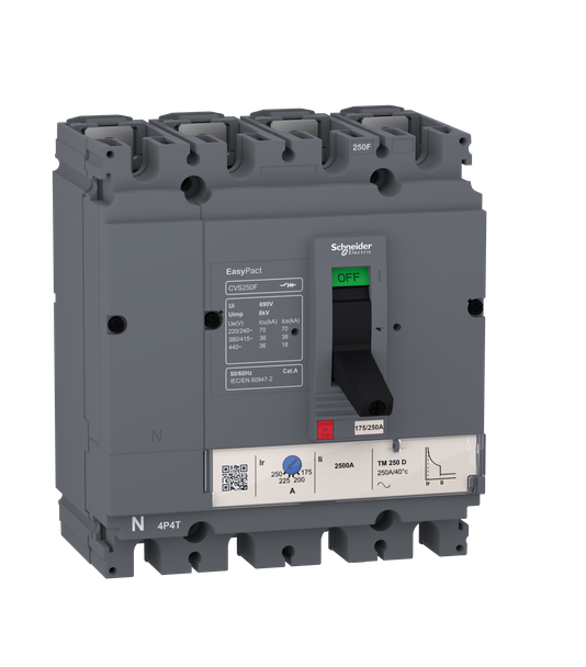 circuit breaker EasyPact CVS100F, 36 kA at 415 VAC, 25 A rating thermal magnetic TM-D trip unit, 4P 3d