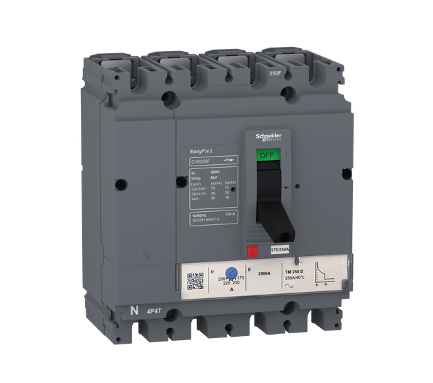 circuit breaker EasyPact CVS100F, 36 kA at 415 VAC, 32 A rating thermal magnetic TM-D trip unit, 4P 3d