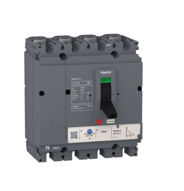 circuit breaker EasyPact CVS100F, 36 kA at 415 VAC, 40 A rating thermal magnetic TM-D trip unit, 4P 3d