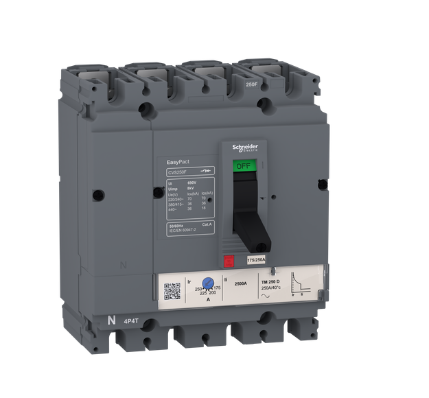 circuit breaker EasyPact CVS100F, 36 kA at 415 VAC, 50 A rating thermal magnetic TM-D trip unit, 4P 3d