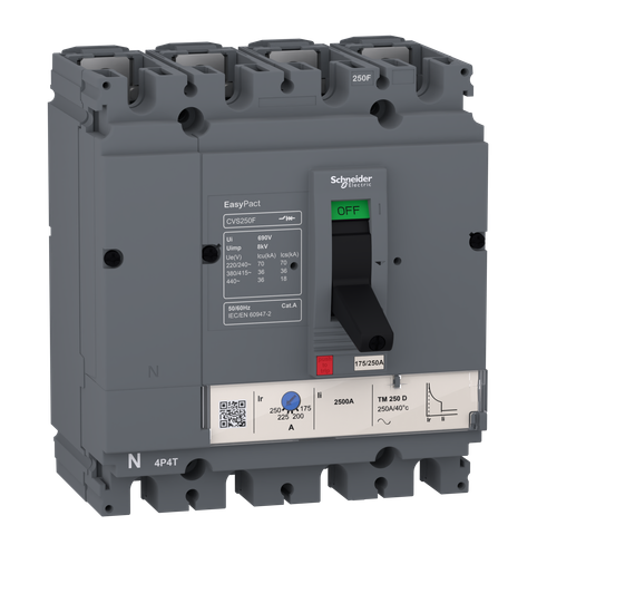 circuit breaker EasyPact CVS100F, 36 kA at 415 VAC, 63 A rating thermal magnetic TM-D trip unit, 4P 3d