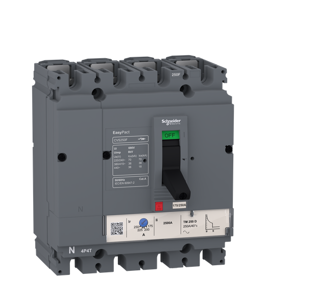 circuit breaker EasyPact CVS100F, 36 kA at 415 VAC, 80 A rating thermal magnetic TM-D trip unit, 4P 3d