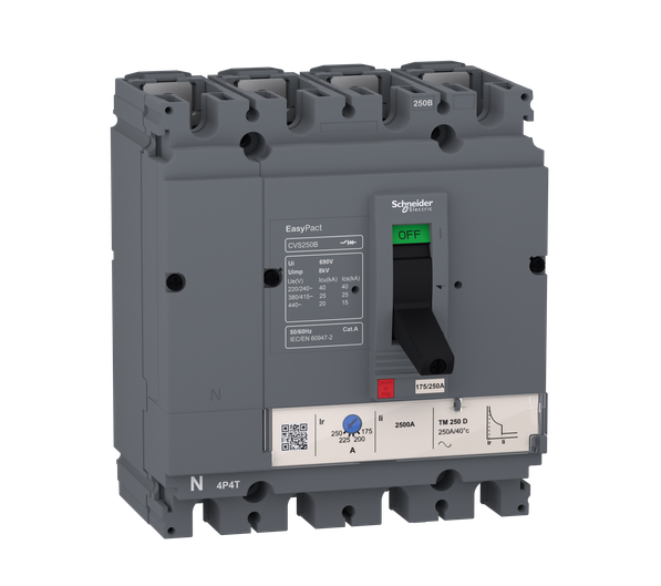 circuit breaker EasyPact CVS100B, 25 kA at 415 VAC, 100 A rating thermal magnetic TM-D trip unit, 4P 3d