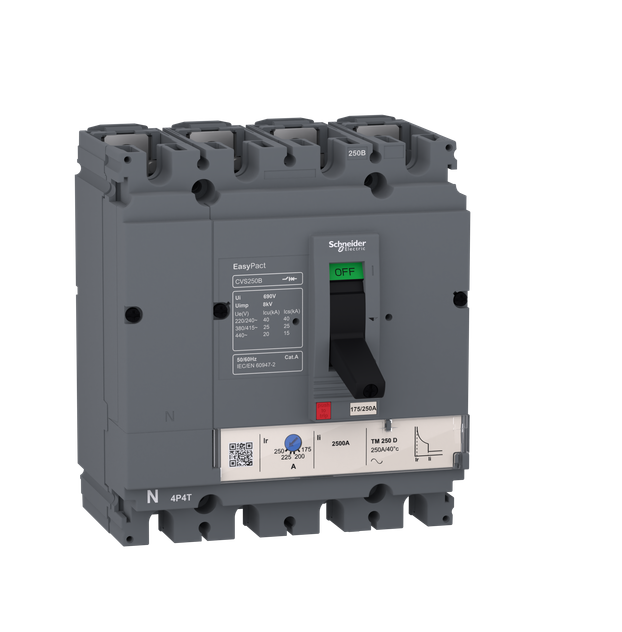 circuit breaker EasyPact CVS160B, 25 kA at 415 VAC, 125 A rating thermal magnetic TM-D trip unit, 4P 3d