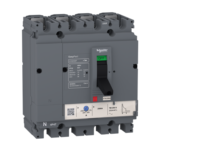 circuit breaker EasyPact CVS100F, 36 kA at 415 VAC, 100 A rating thermal magnetic TM-D trip unit, 4P 3d