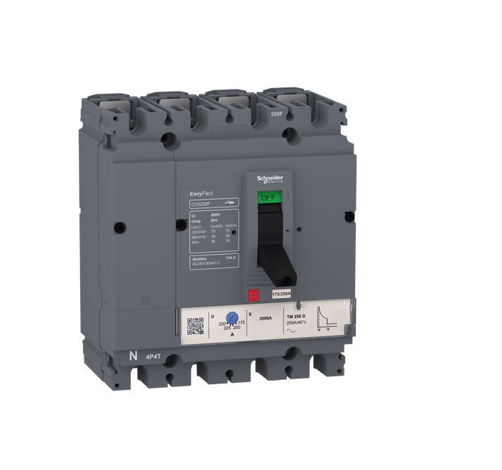 circuit breaker EasyPact CVS160F, 36 kA at 415 VAC, 125 A rating thermal magnetic TM-D trip unit, 4P 3d