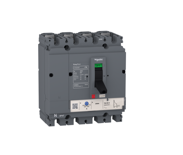 circuit breaker EasyPact CVS160F, 36 kA at 415 VAC, 160 A rating thermal magnetic TM-D trip unit, 4P 3d
