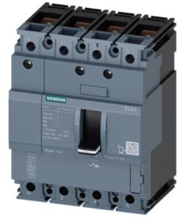 circuit breaker 3VA1 IEC Frame 160 breaking capacity class N Icu=25 kA @ 415 V 4-pole, line protection TM210, FTFM, In=125 A overload protection Ir=125 A permanently set short-circuit protection Ii=10 x In N conductor unprotected nut keeper kit