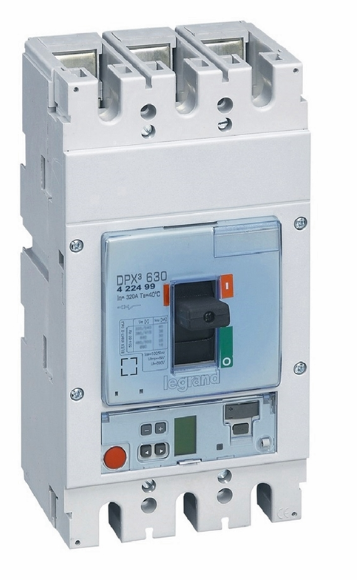 Circuit breaker DPX³ 630,3 poles, with rated current of 630A and thermal magnetic protection.