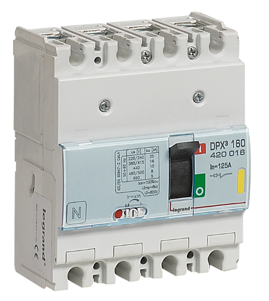 DPX³160 thermal magnetic release circuit breaker, 4 poles, with rated current of 125A and breaking capacity 16kA