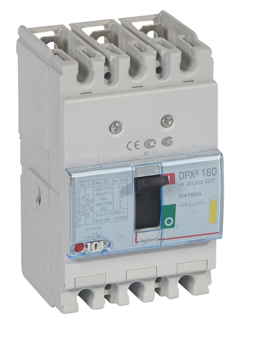 DPX³160 thermal magnetic release circuit breaker, 3 poles, with rated current of 160A and breaking capacity 16kA