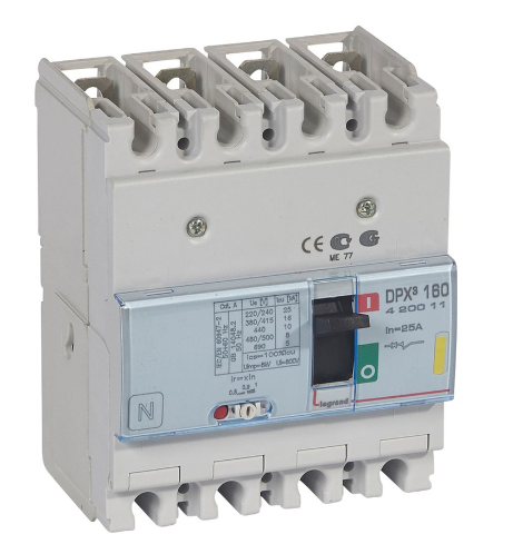 DPX³160 thermal magnetic release circuit breaker, 4 poles, with rated current of 25A and breaking capacity 16kA