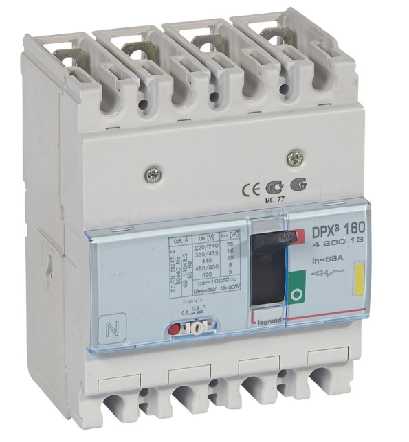 DPX³160 thermal magnetic release circuit breaker, 4 poles, with rated current of 63A and breaking capacity 16kA