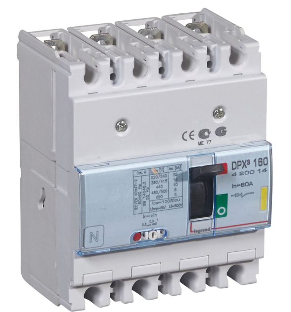 DPX³160 thermal magnetic release circuit breaker, 4 poles, with rated current of 80A and breaking capacity 16kA